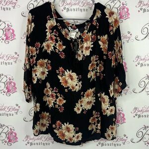 Checkout blouse tie up flowers orange black purple Floral Black Women's Top
